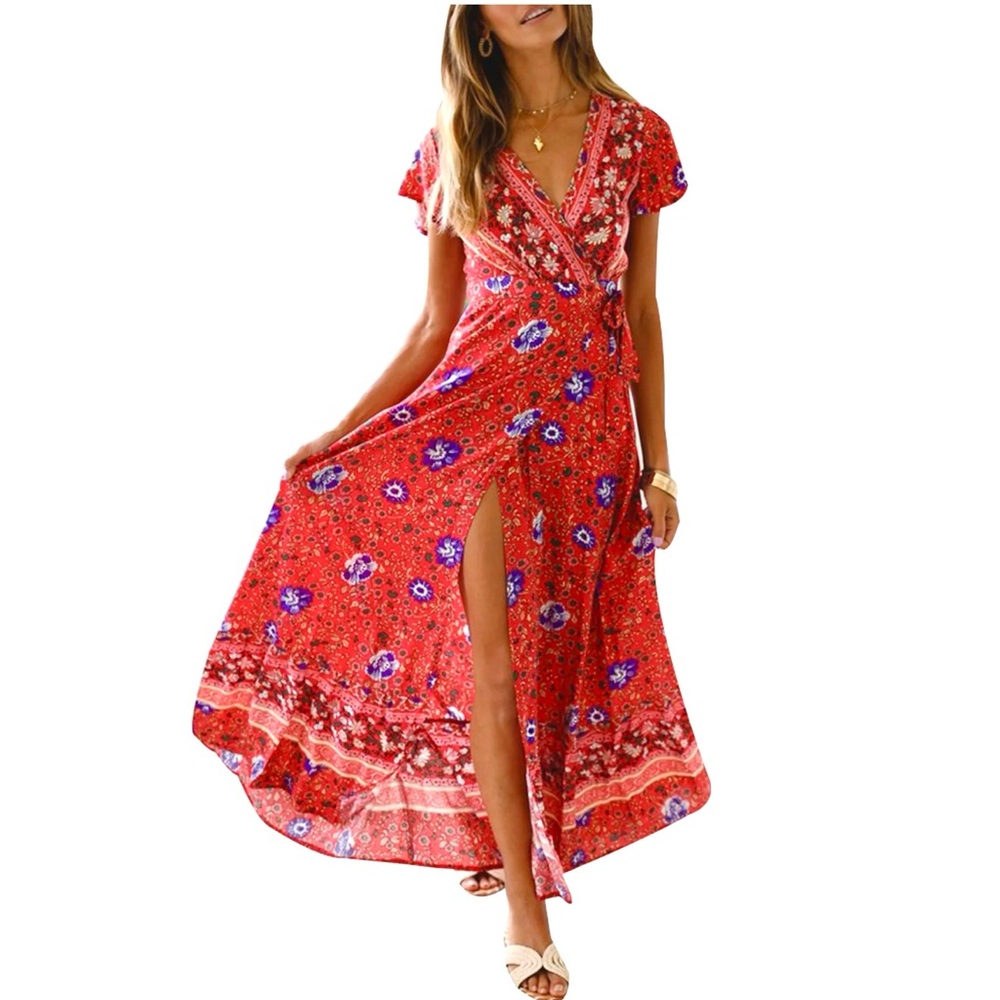 Floral Red Maxi Wrap Dress
